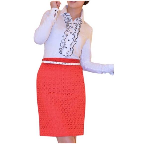 J. Crew Chili Red No. 2 Pencil Skirt Knee Length Ultra Eyelet Cut - Picture 1 of 7